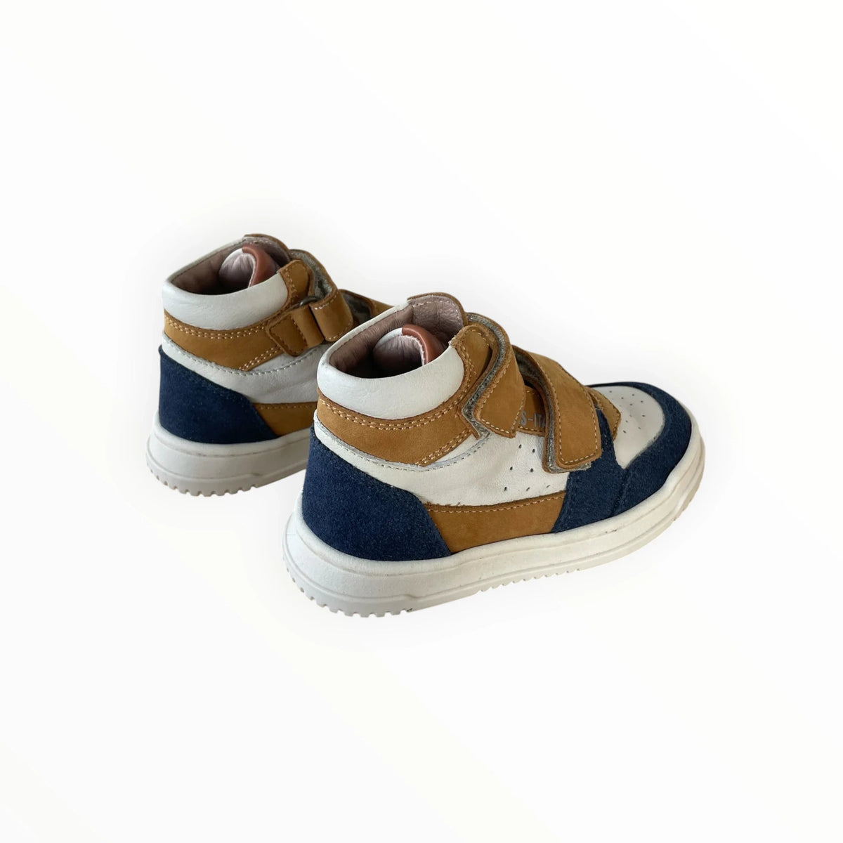 Pierrot Outlet hoge kindersneakers in blauw, okergeel en wit met klittenbandsluiting en stevige zool