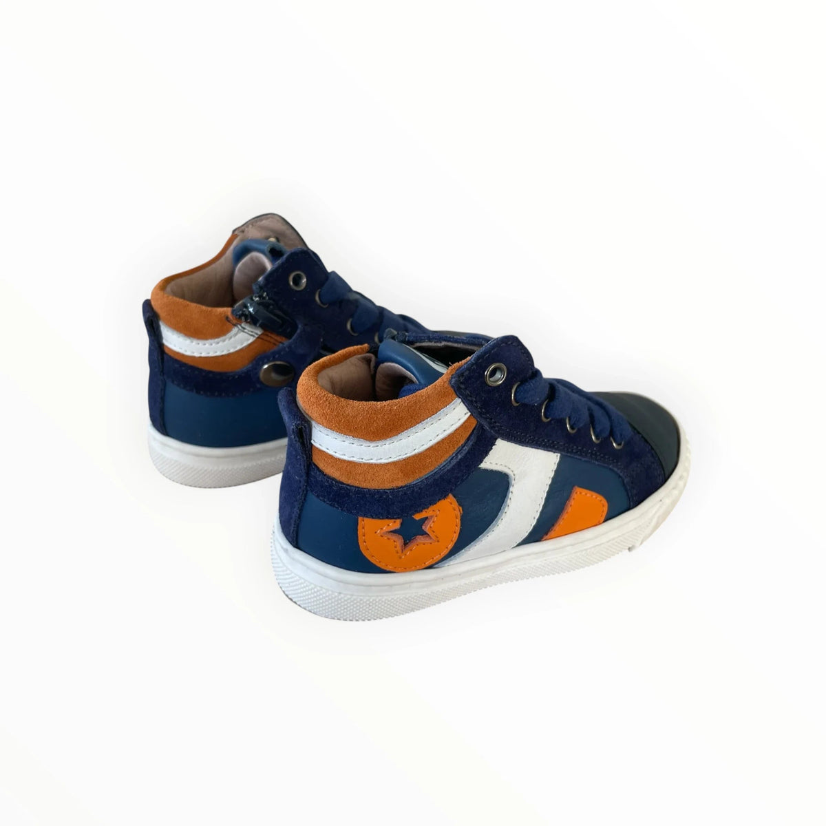Pierrot Outlet hoge kindersneakers in blauw, oranje en wit leer en suède met ritssluiting en rubberen zool