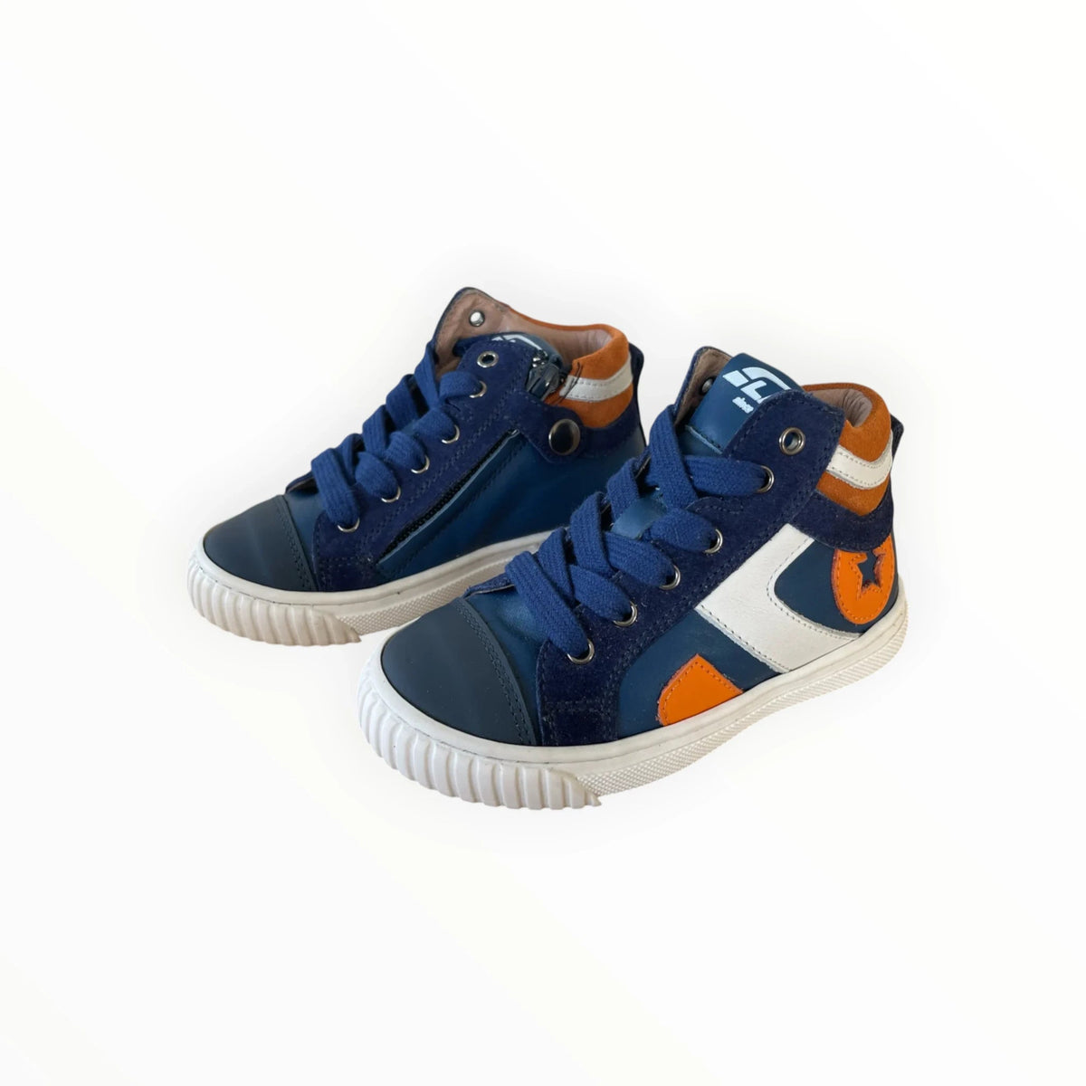 Pierrot Outlet hoge sneakers voor kinderen in blauw, oranje en wit leer en suède met veters en ritssluiting