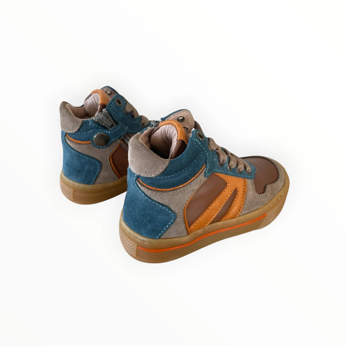 Pierrot Outlet hoge sneakers voor kinderen in bruin, okergeel en blauw met veters en ritssluiting