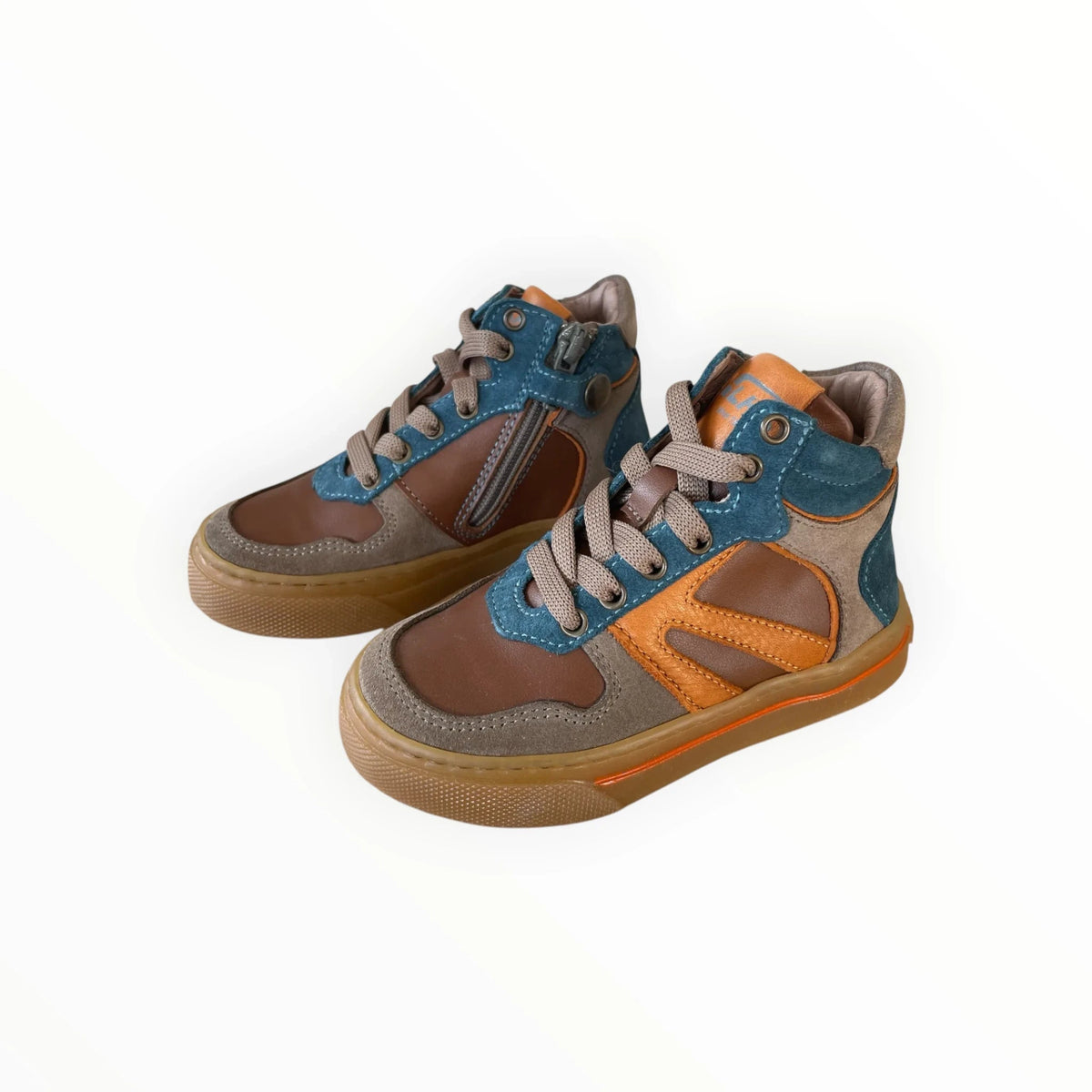 Pierrot Outlet hoge sneakers voor kinderen in bruin, okergeel en blauw met veters en ritssluiting