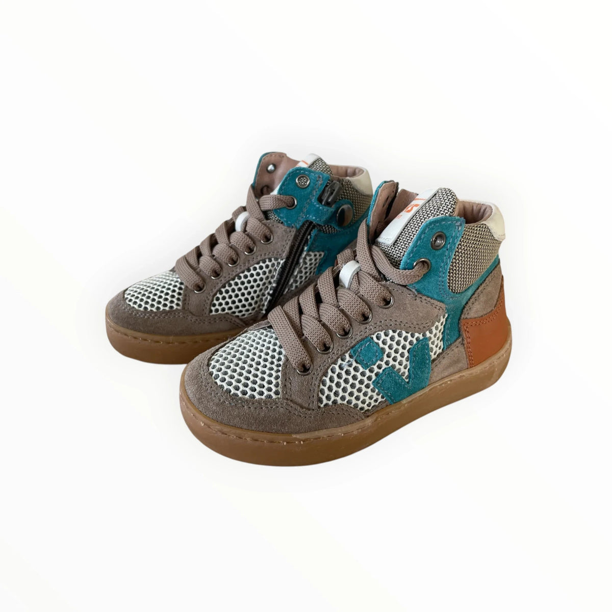Pierrot Outlet hoge sneakers voor kinderen in bruin, petrol en wit suède met mesh en handige ritssluiting.