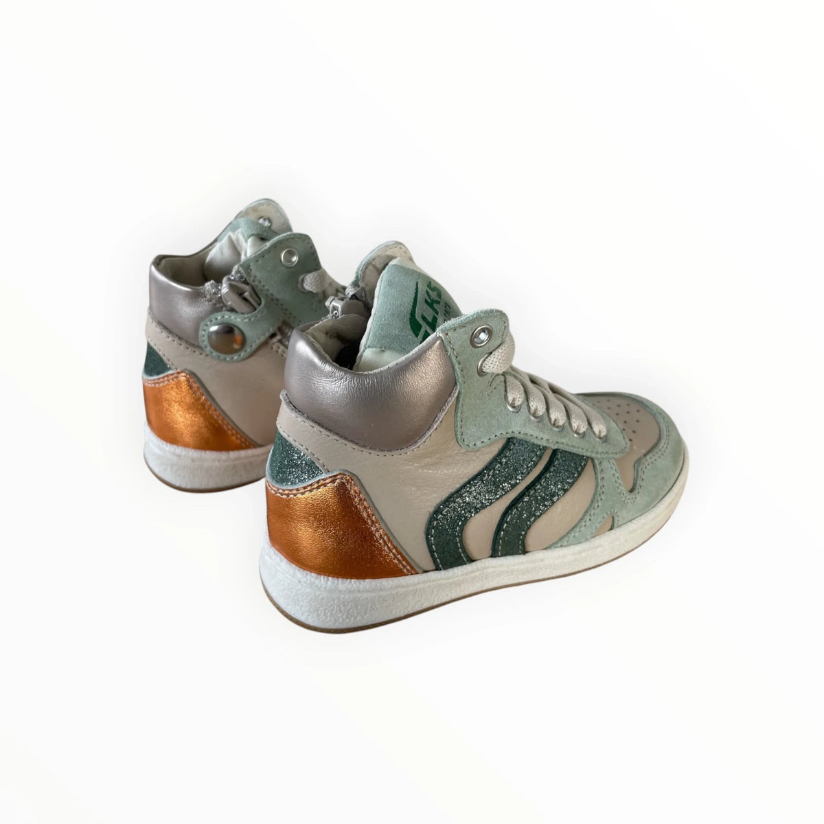 Pierrot Outlet hoge sneakers voor kinderen in beige, mintgroen en koper met glitterdetails en ritssluiting