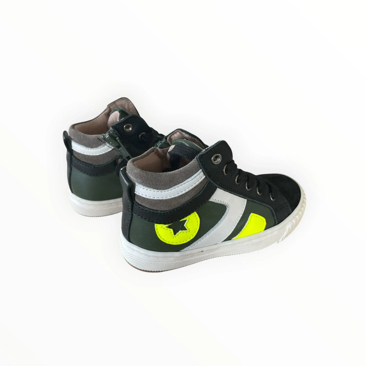 Pierrot Outlet hoge sneakers voor kinderen in groen, zwart en neongeel met ritssluiting en stevige zool