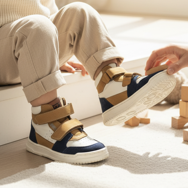 Pierrot Outlet hoge sneakers voor kinderen in blauw, okergeel en wit met handige klittenbandsluiting.