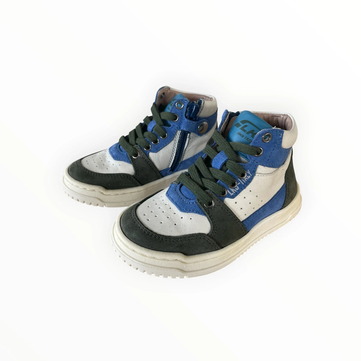 Pierrot Outlet hoge sneakers voor kinderen in blauw, grijs en wit leer met veters en ritssluiting