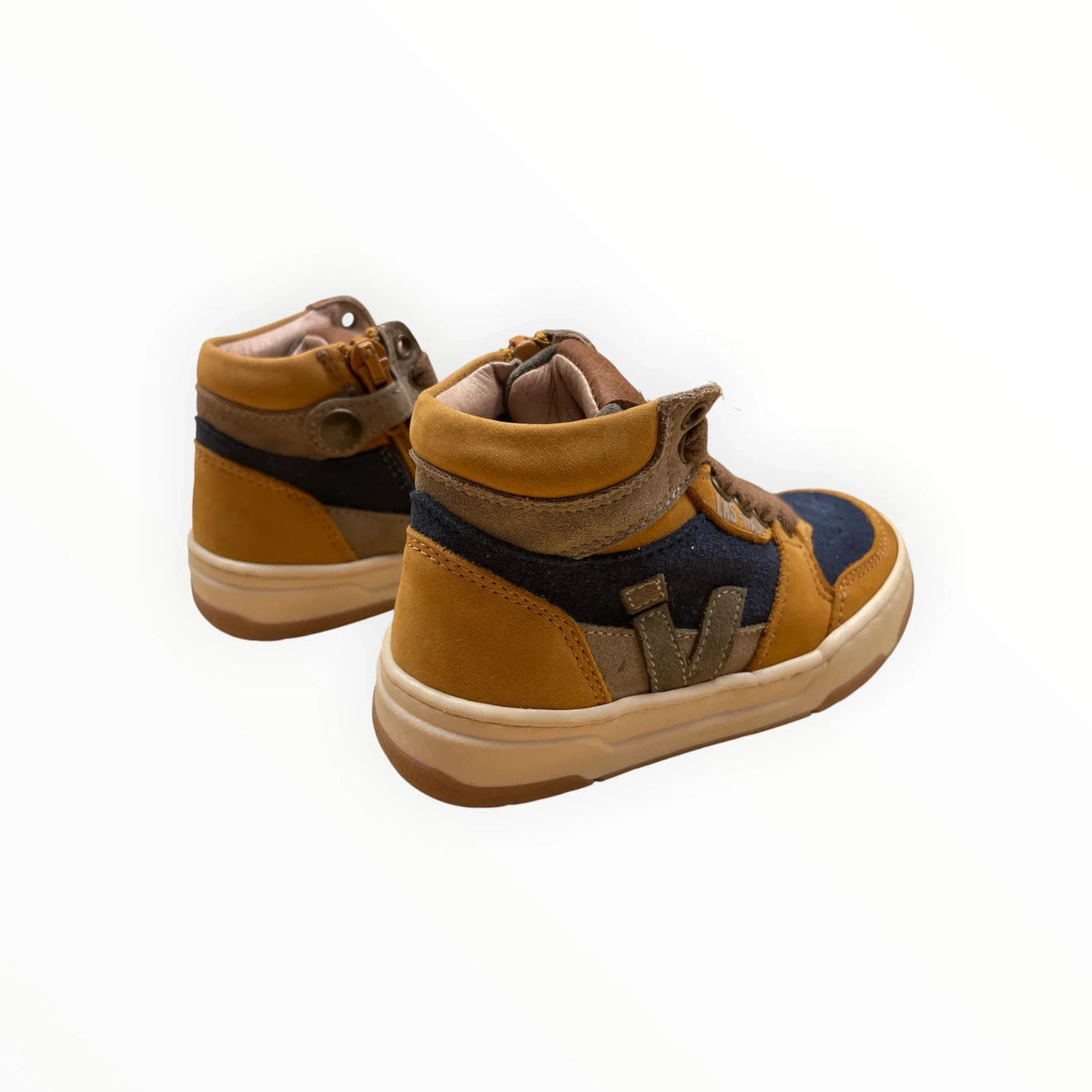 Pierrot Outlet hoge sneakers voor kinderen in okergeel, blauw en bruin met veters en ritssluiting