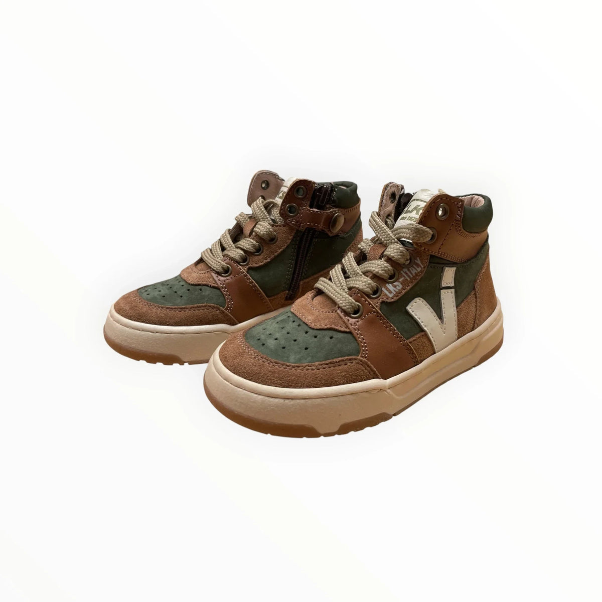 Pierrot Outlet hoge sneakers voor kinderen in olijfgroen en bruin suède met veters en ritssluiting
