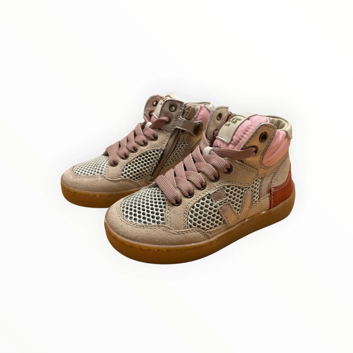 Pierrot Outlet hoge kindersneakers in pasteltinten met mesh, leer, veters en ritssluiting voor optimaal comfort.