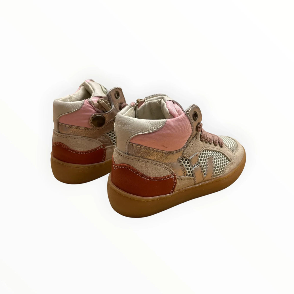 Pierrot Outlet hoge sneakers voor kinderen in pasteltinten met roze en oranje accenten, leer en mesh met ritssluiting.