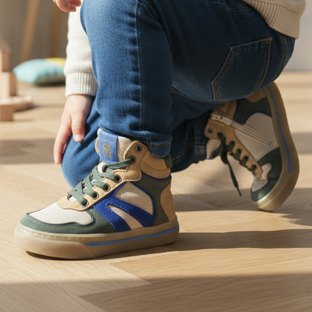 Pierrot Outlet hoge kindersneakers van suède en leer in okergeel, groen en blauw met veters en ritssluiting.