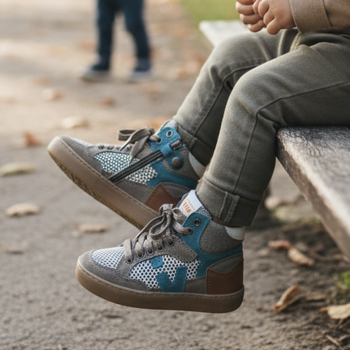 Pierrot Outlet hoge sneakers voor kinderen in bruin, petrol en wit suède en mesh, gedragen door een kind in het park.