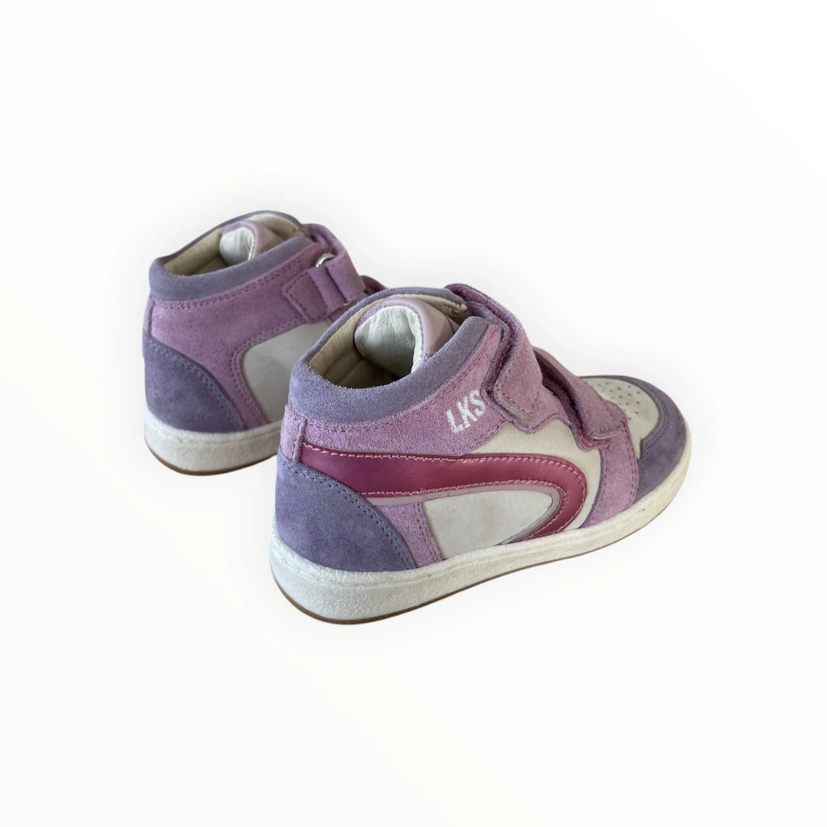 Pierrot Outlet hoge kindersneakers in roze en paars suède met klittenbandsluiting en gewatteerde enkelkraag