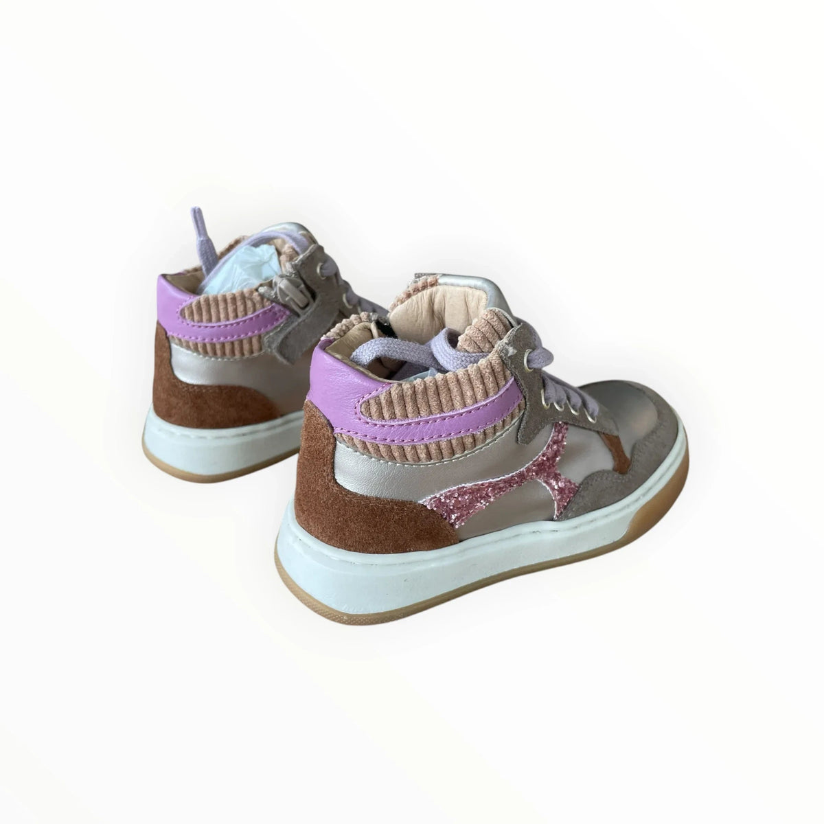 Pierrot Outlet hoge sneakers voor kinderen in metallic zilver, bruin suède, glitter en lila accenten met ritssluiting