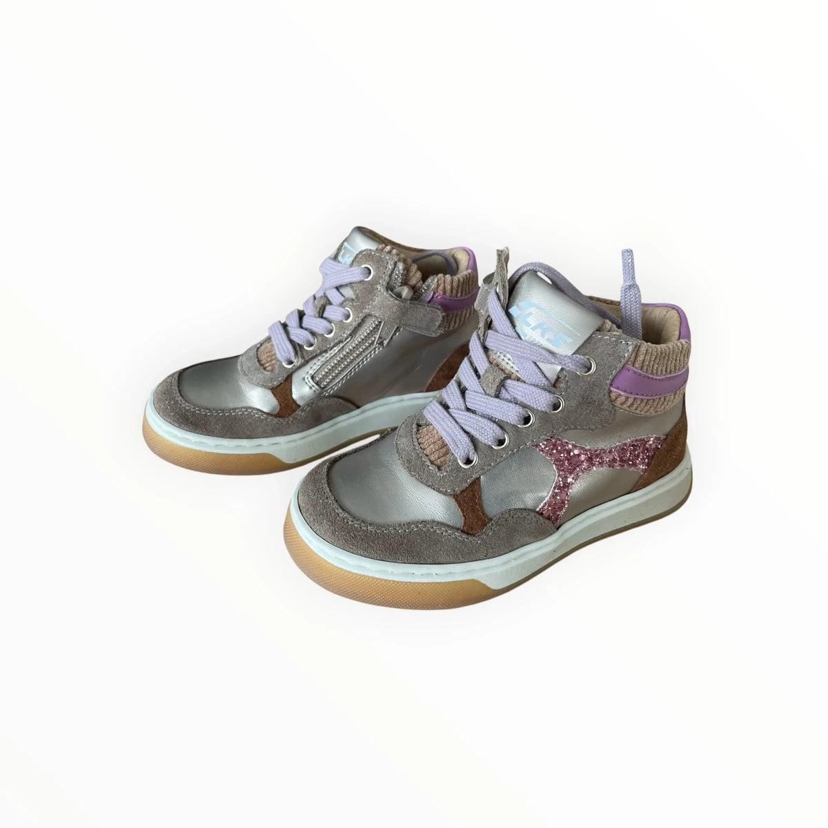 Pierrot Outlet hoge sneakers voor kinderen in metallic zilver, bruin suède en lila met glitterdetails en rits.