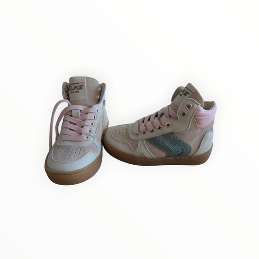 Pierrot Outlet kinderschoenen hoge sneakers beige met roze veters en glitterstreep