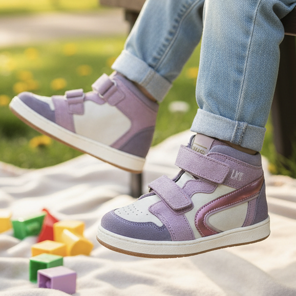 Pierrot Outlet hoge sneakers in roze en paars suède met klittenband, gedragen door een kind in een park.