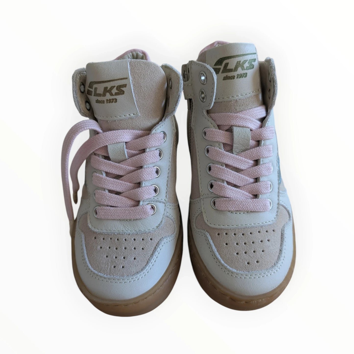 Pierrot Outlet hoge sneakers voor meisjes, beige en off-white leer/suède met roze veters en rits. Perforaties en glitter.