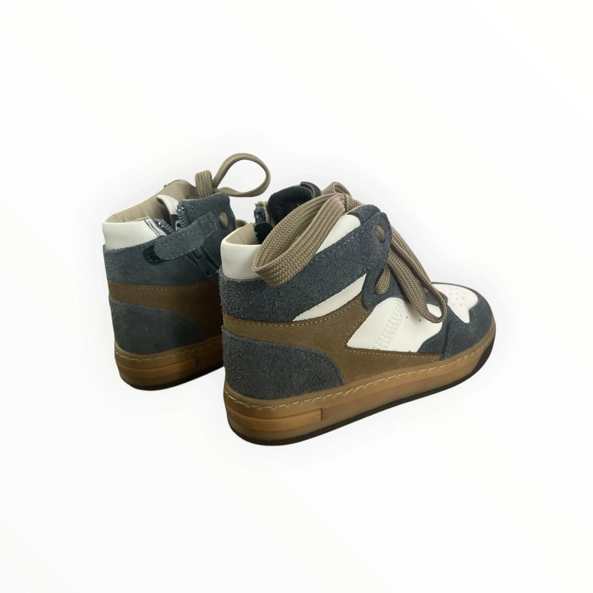 Pierrot Outlet hoge herensneakers in grijs, bruin en wit suède met vetersluiting en robuuste zool