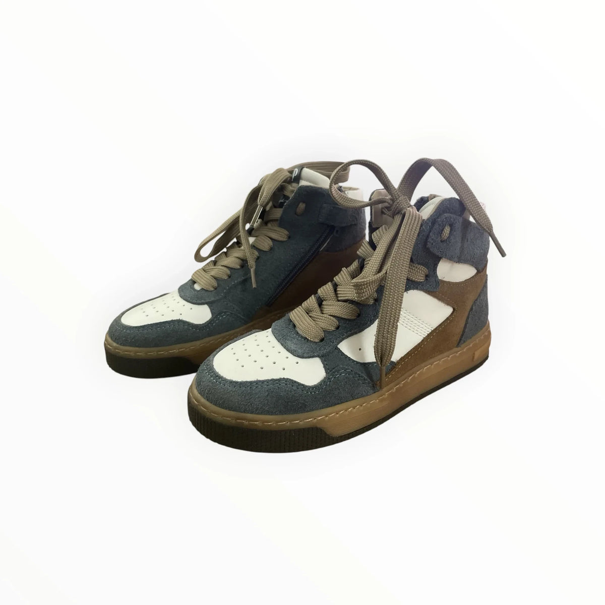Pierrot Outlet hoge herensneakers in grijs, bruin en wit suède met vetersluiting en robuuste zool