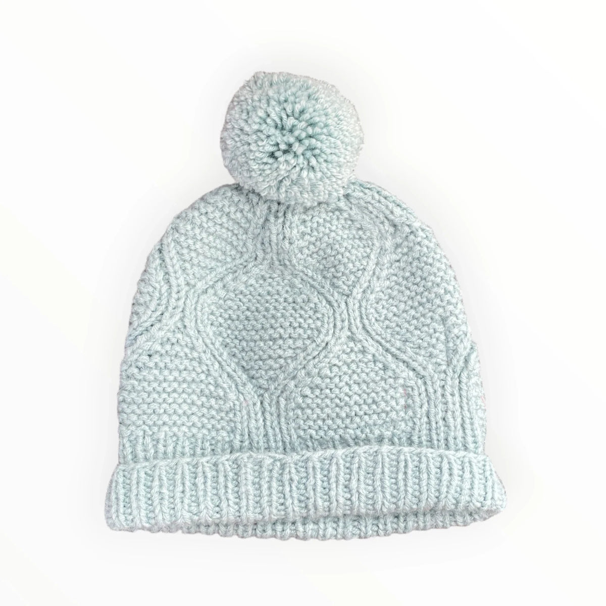 Pierrot Outlet icy blue cable-knit winter beanie with a matching fluffy pom-pom and ribbed cuff