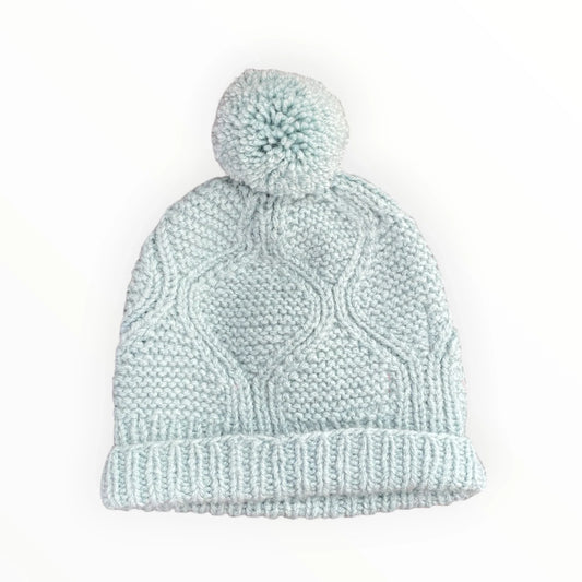 Pierrot Outlet icy blue cable-knit winter beanie with a matching fluffy pom-pom and ribbed cuff
