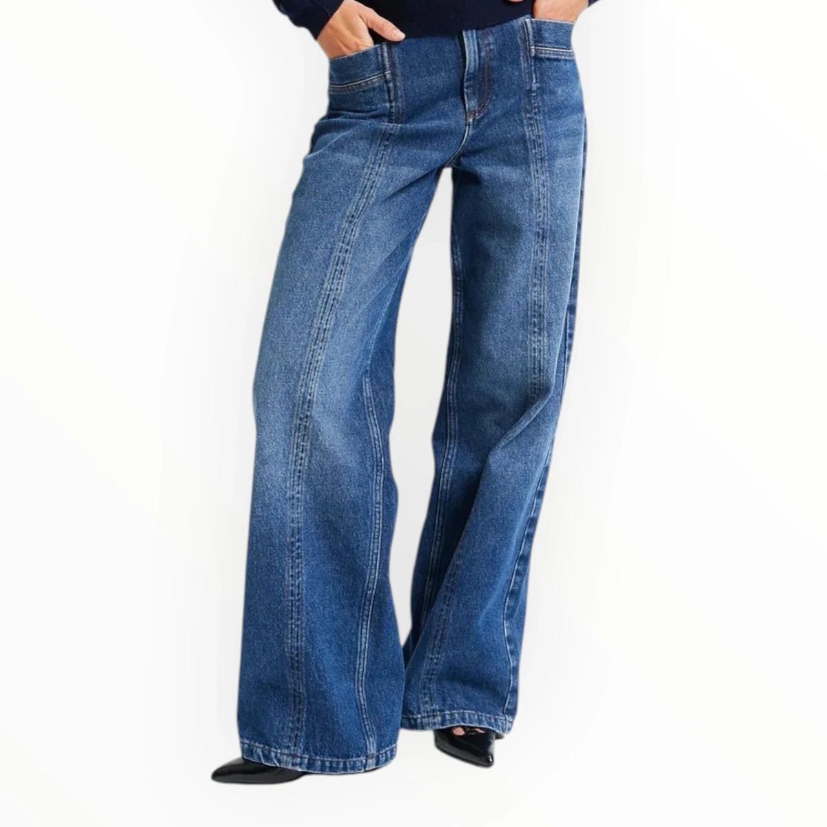 Pierrot Outlet INDEE wide-leg jeans in blauwe denim met hoge taille en opvallende verticale stiknaden aan de voorzijde