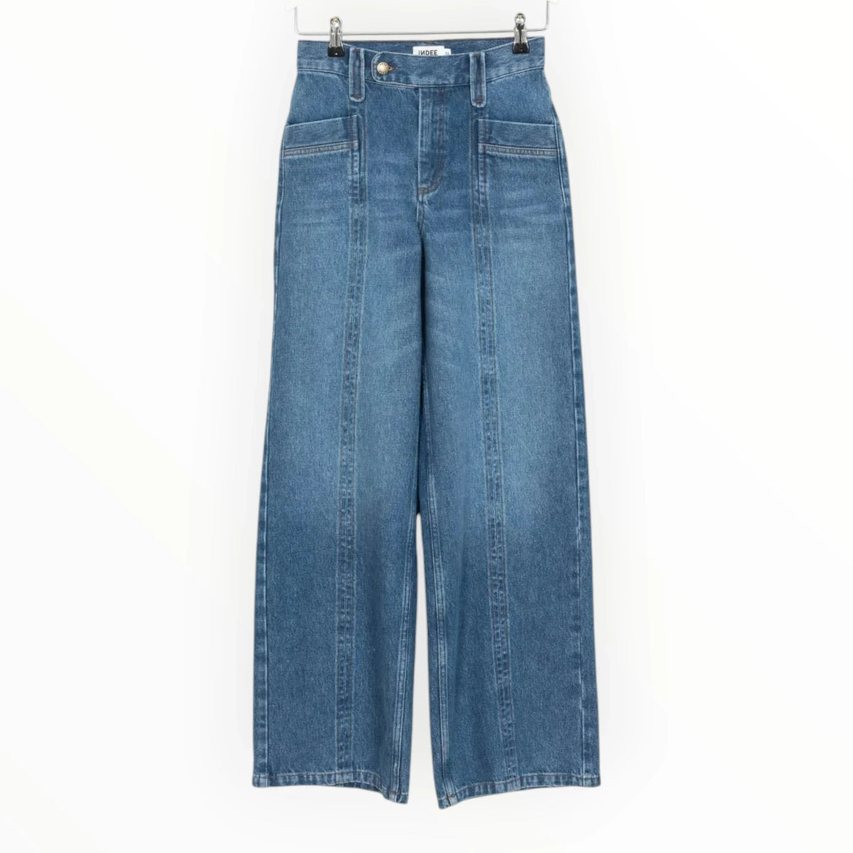 Pierrot Outlet INDEE wide-leg jeans in blauwe denim met hoge taille en opvallende verticale stiknaden aan de voorzijde