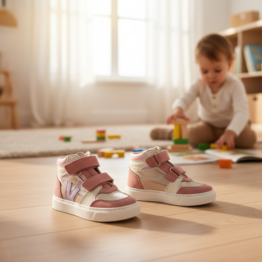 Pierrot Outlet handgemaakte Italiaanse high-top kindersneakers in roze, goud en lila leer met klittenbandsluiting.
