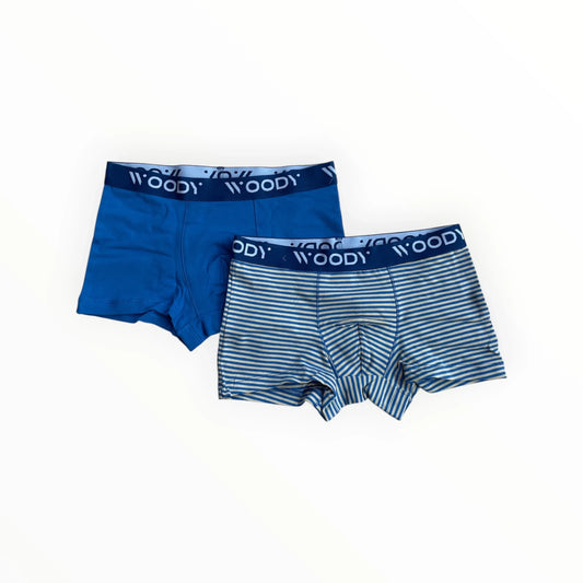 Pierrot Outlet 2-pack jongens boxershorts van katoen, één effen blauw, één met blauw-gouden strepen. Elastische tailleband met logo.