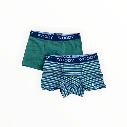Pierrot Outlet set van twee jongens boxershorts, effen groen en gestreept blauw-groen, van zacht katoen met elastische tailleband.