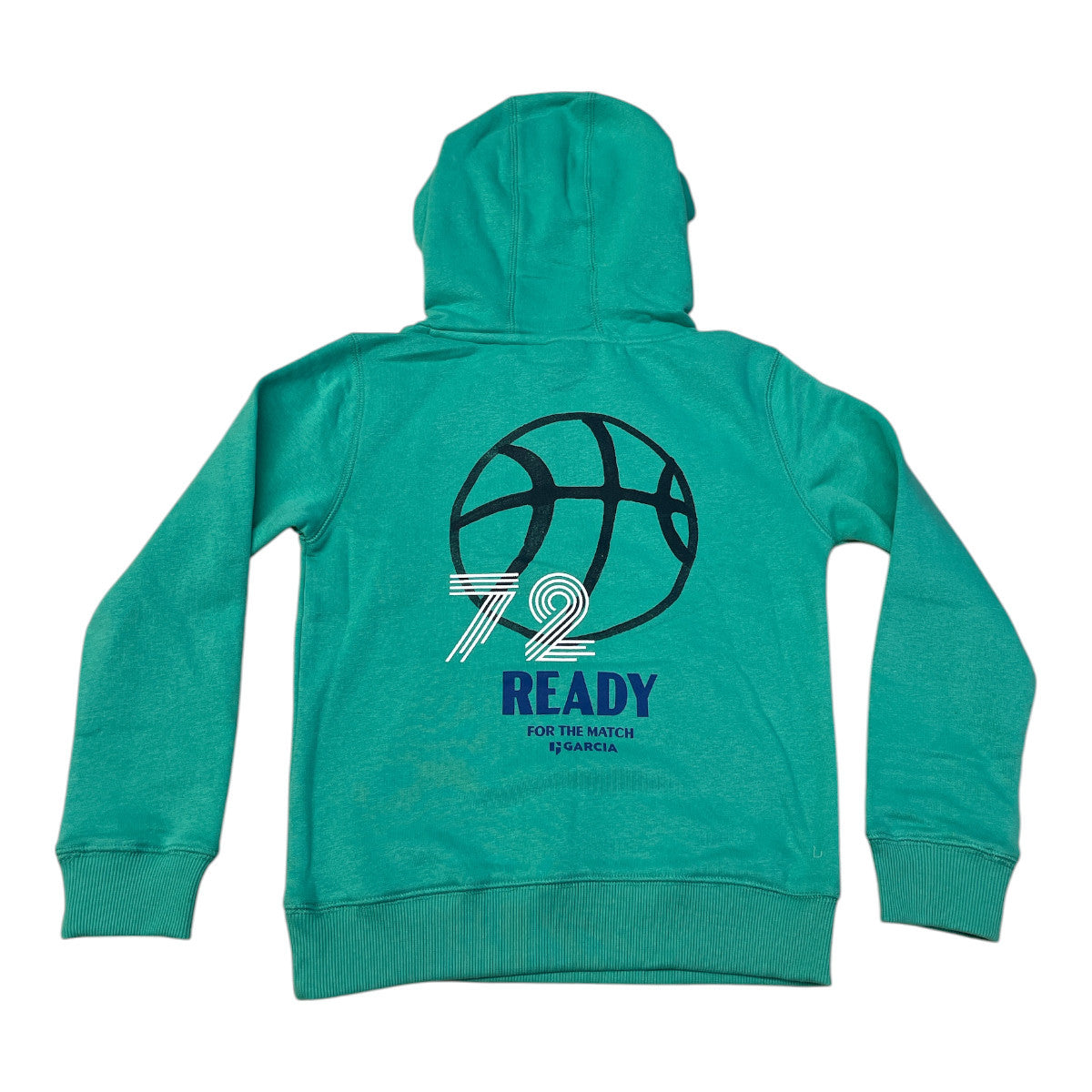 Pierrot Outlet turquoise katoenen jongens hoodie met basketbalprint en 'READY FOR THE MATCH' tekst op de rug.