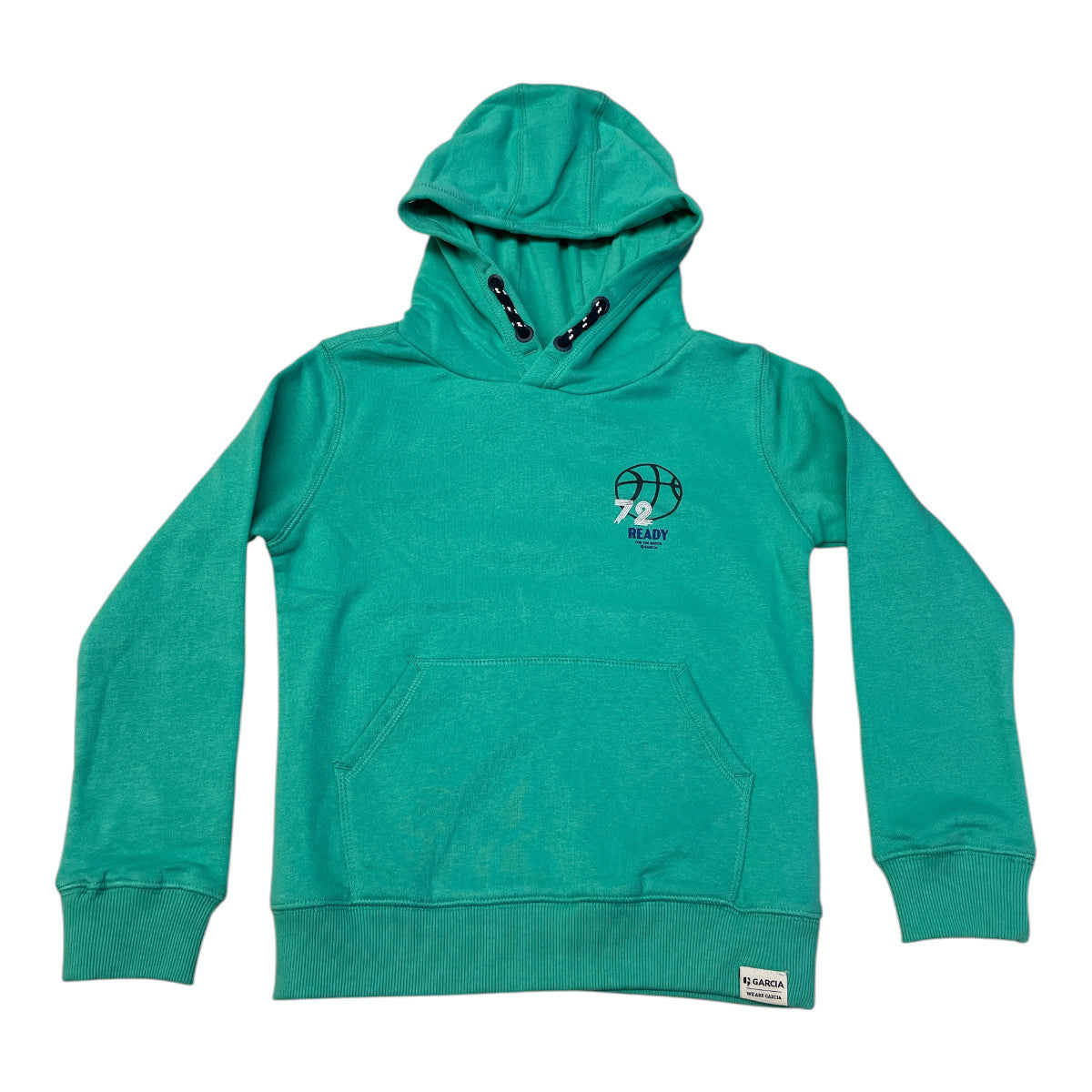 Pierrot Outlet turquoise katoenen jongens hoodie met basketbalprint en capuchon.
