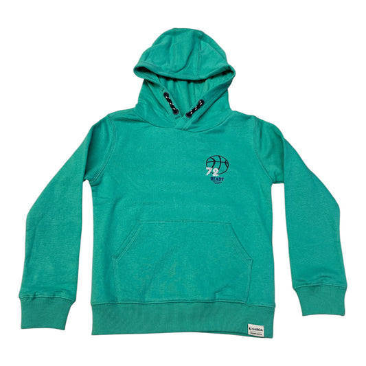 Pierrot Outlet turquoise katoenen jongens hoodie met basketbalprint en capuchon.