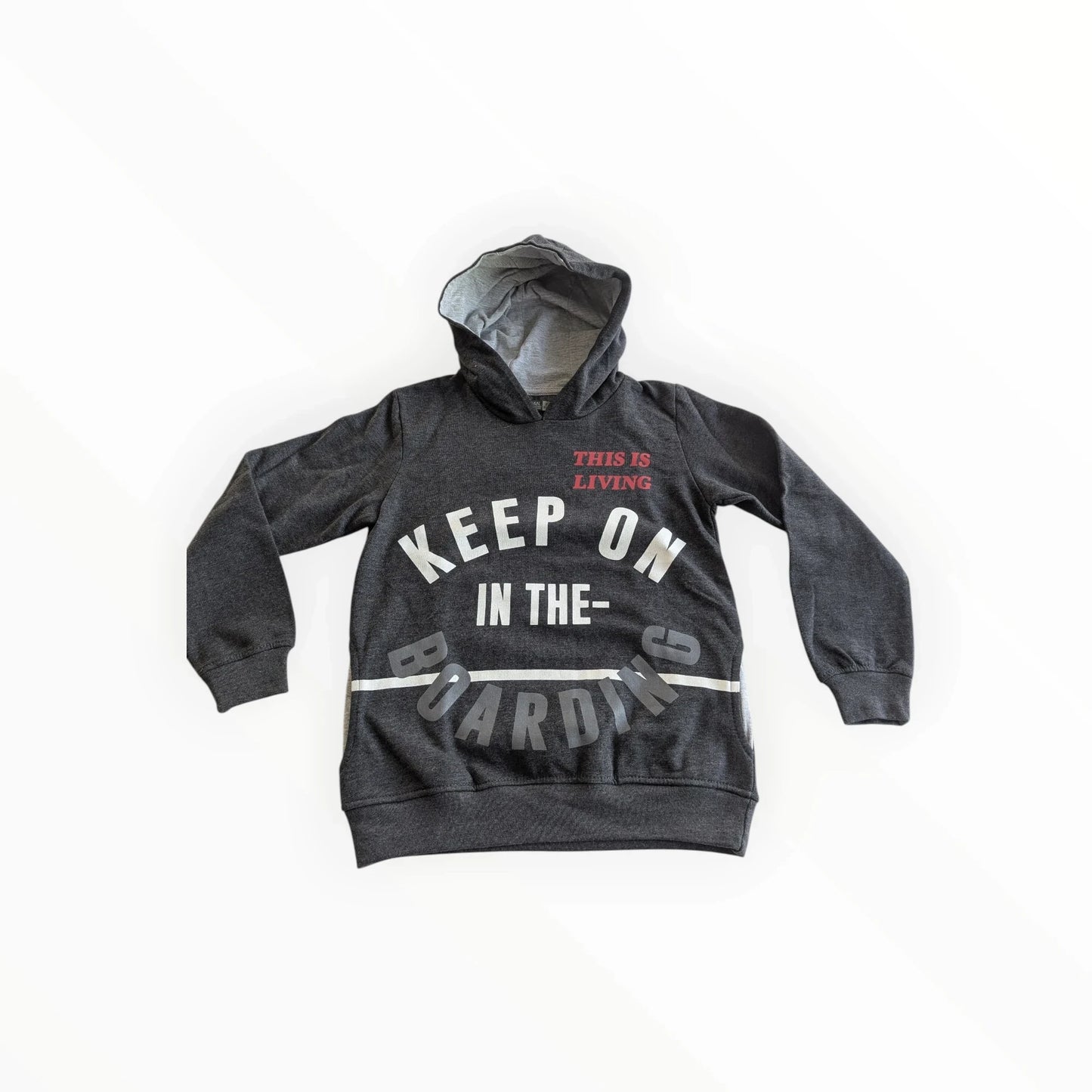 Pierrot Outlet donkergrijze jongens hoodie van katoenmix met tekstprint "KEEP ON IN THE-BOARDING" en "THIS IS LIVING".