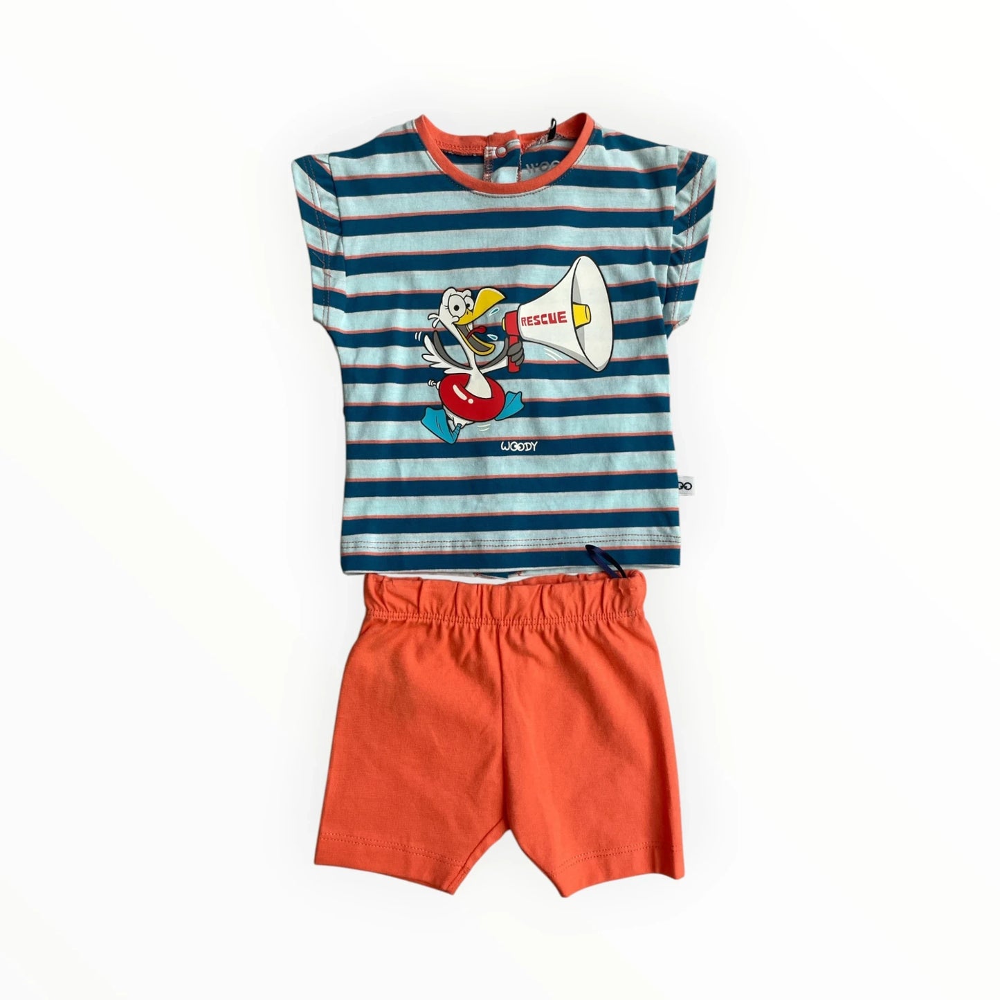 Pierrot Outlet jongens set: gestreept T-shirt met vogelprint en oranje short. Gemaakt van katoen.