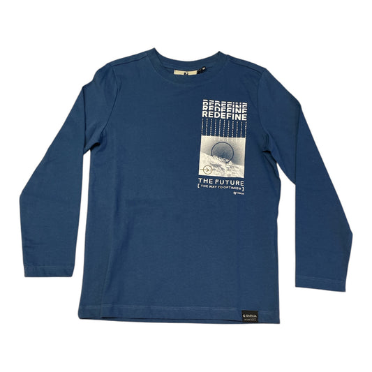 Pierrot Outlet blauw katoenen T-shirt met lange mouwen voor jongens, met opdruk 'THE FUTURE [THE WAY TO OPTIMISM]'.