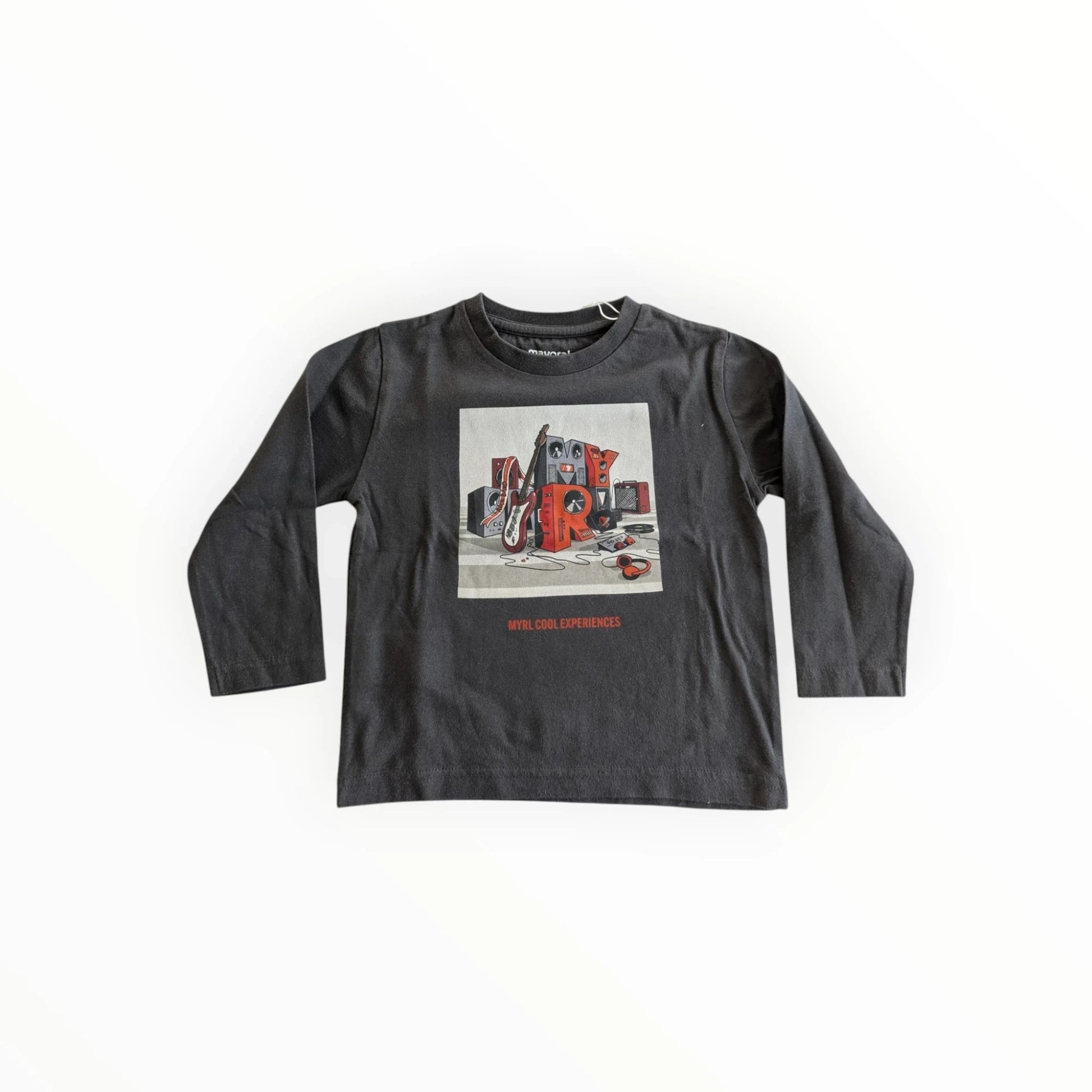 Pierrot Outlet jongens T-shirt met lange mouwen in grijs katoen met retro muziekapparatuur print en tekst.