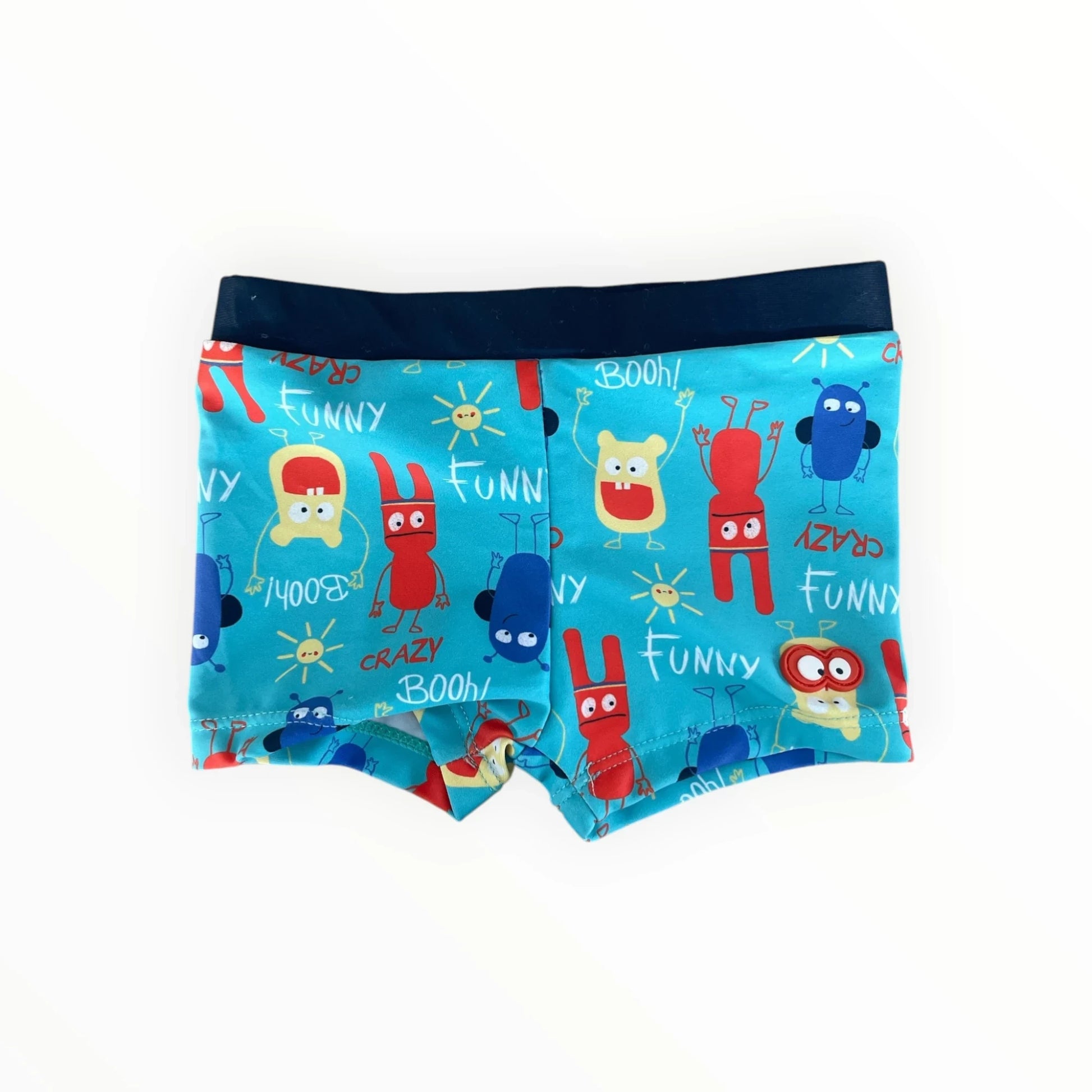 Turquoise Pierrot Outlet zwemboxer voor jongens met vrolijke monsterprint en donkerblauwe elastische tailleband.