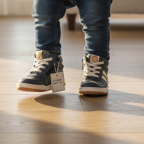Pierrot Outlet jongenssneakers in donkerblauw en olijfgroen met witte strepen, gedragen door een kind binnenshuis.