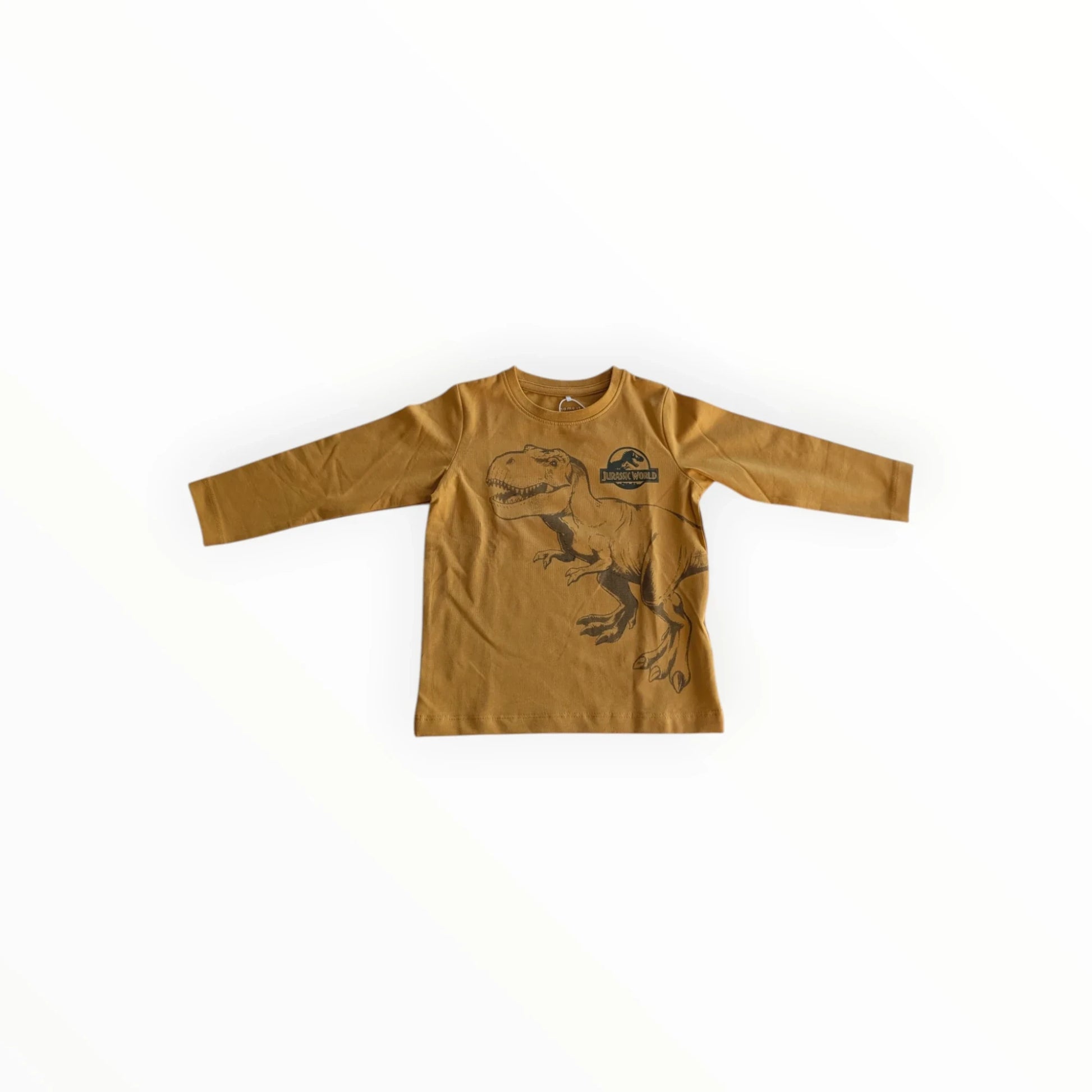 Pierrot Outlet mosterdgele T-shirt met lange mouwen en T-Rex print, katoen