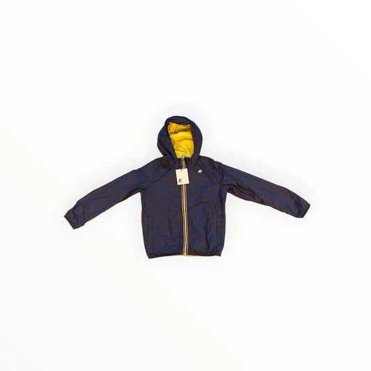 Pierrot Outlet K-Way lichtgewicht donkerblauwe regenjas met capuchon en opvallende gele voering.