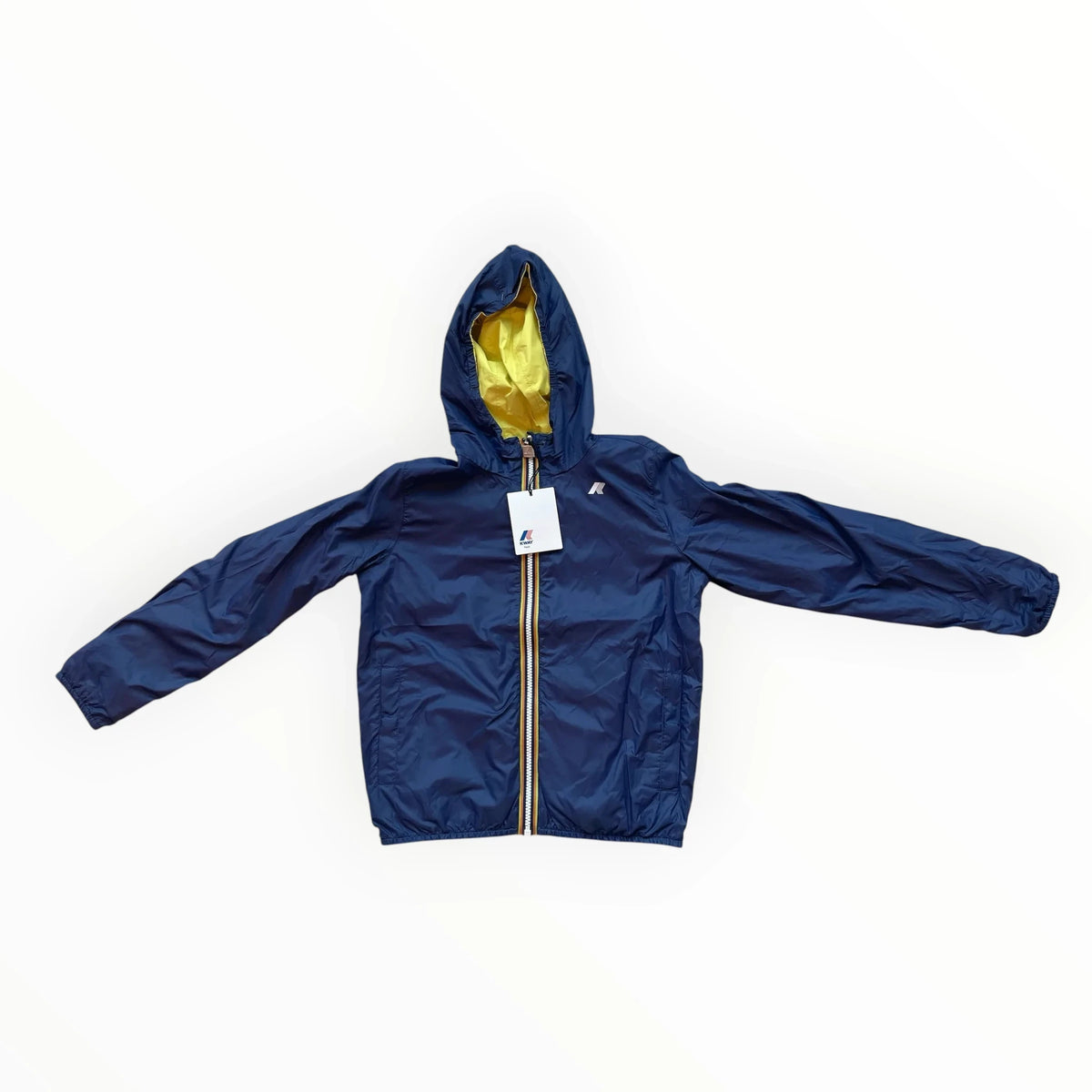 Pierrot Outlet K-Way omkeerbaar kinderjack in marineblauw met limegroene voering en capuchon