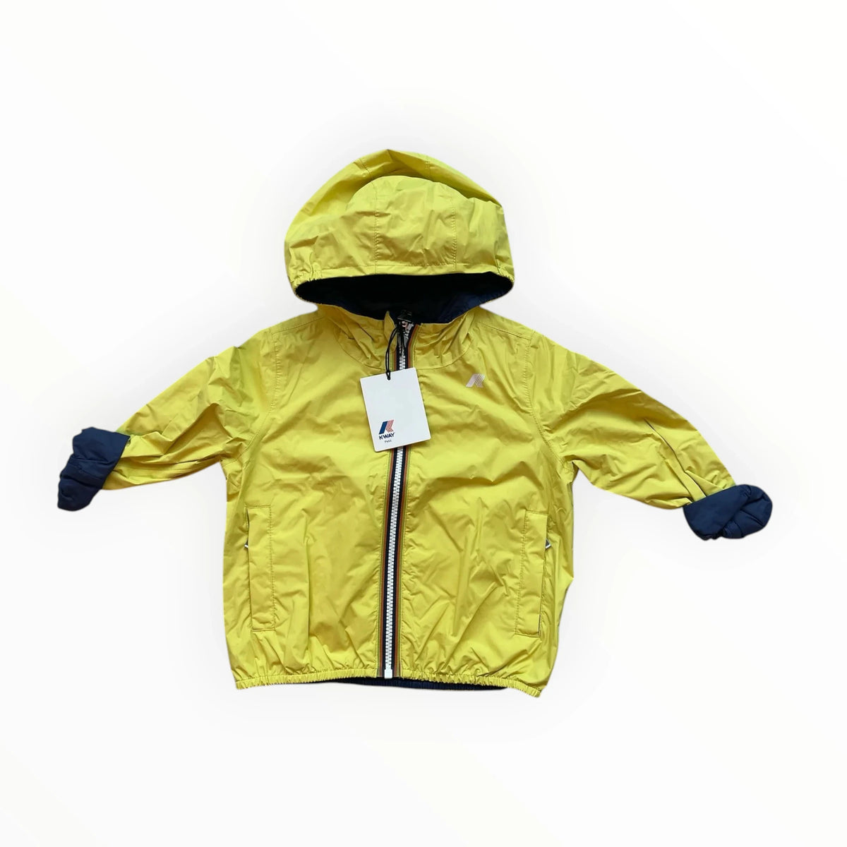 Pierrot Outlet K-Way omkeerbaar kinderjack in limegroen en marineblauw met capuchon en ritssluiting