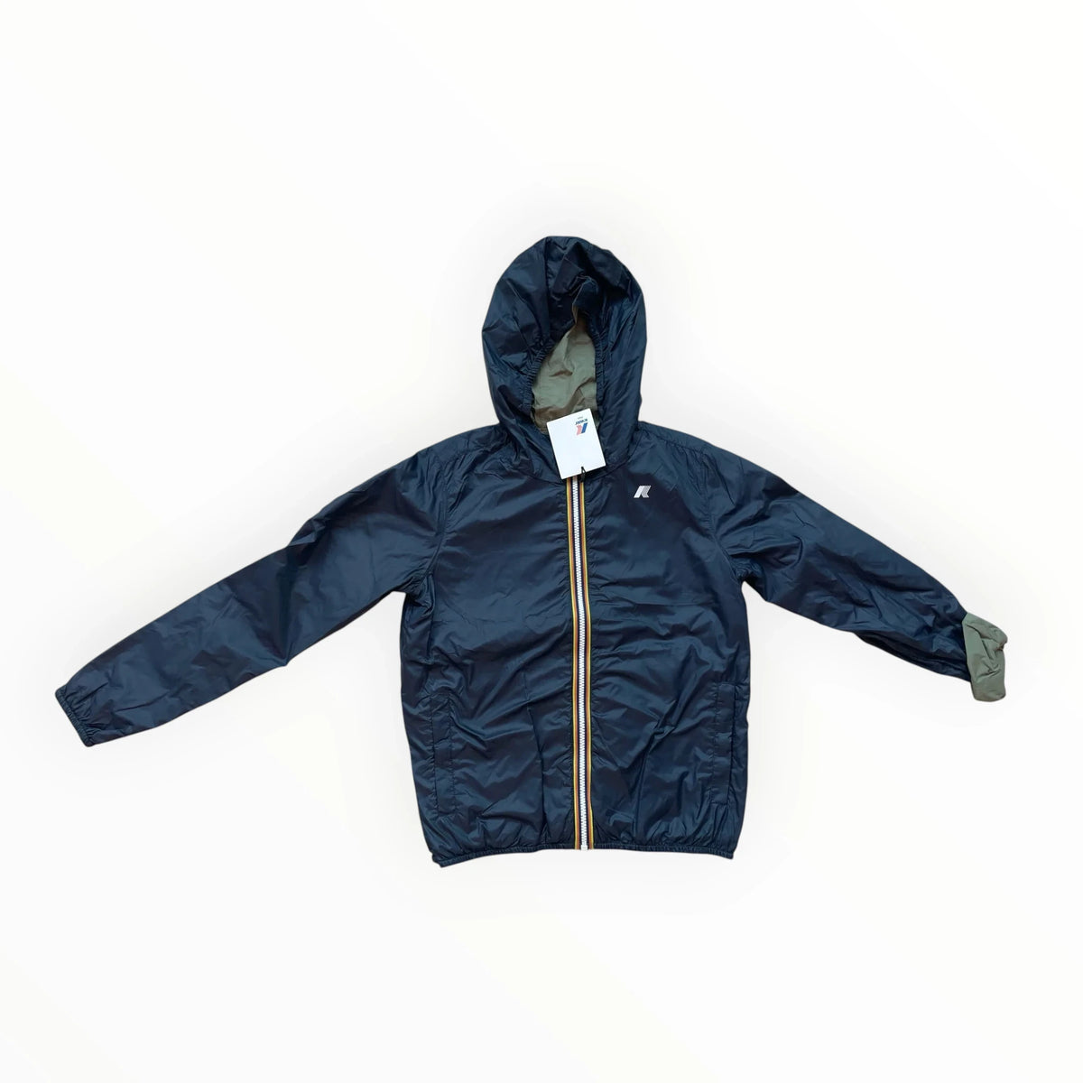 Pierrot Outlet K-Way omkeerbaar windjack voor kinderen in marineblauw en olijfgroen met capuchon en ritssluiting