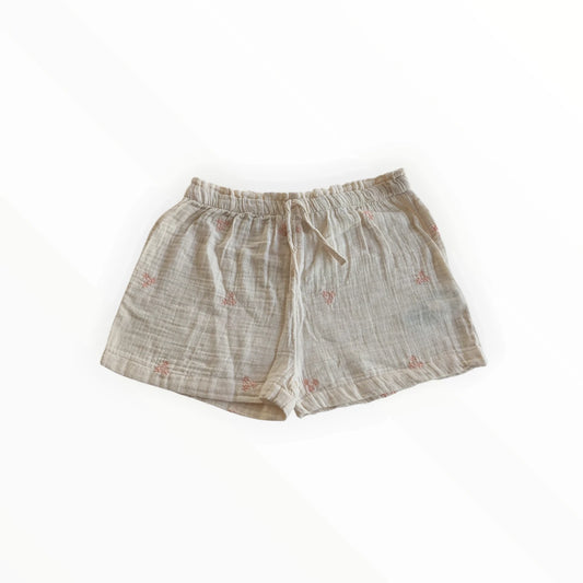 Pierrot Outlet lichte katoenen short met roze geborduurde print en trekkoord tailleband