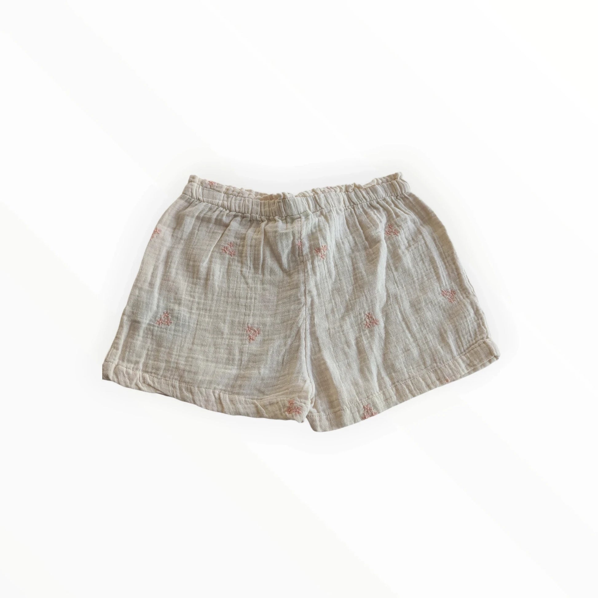 Pierrot Outlet lichte katoenen short met geborduurde roze bloemetjes en elastische tailleband