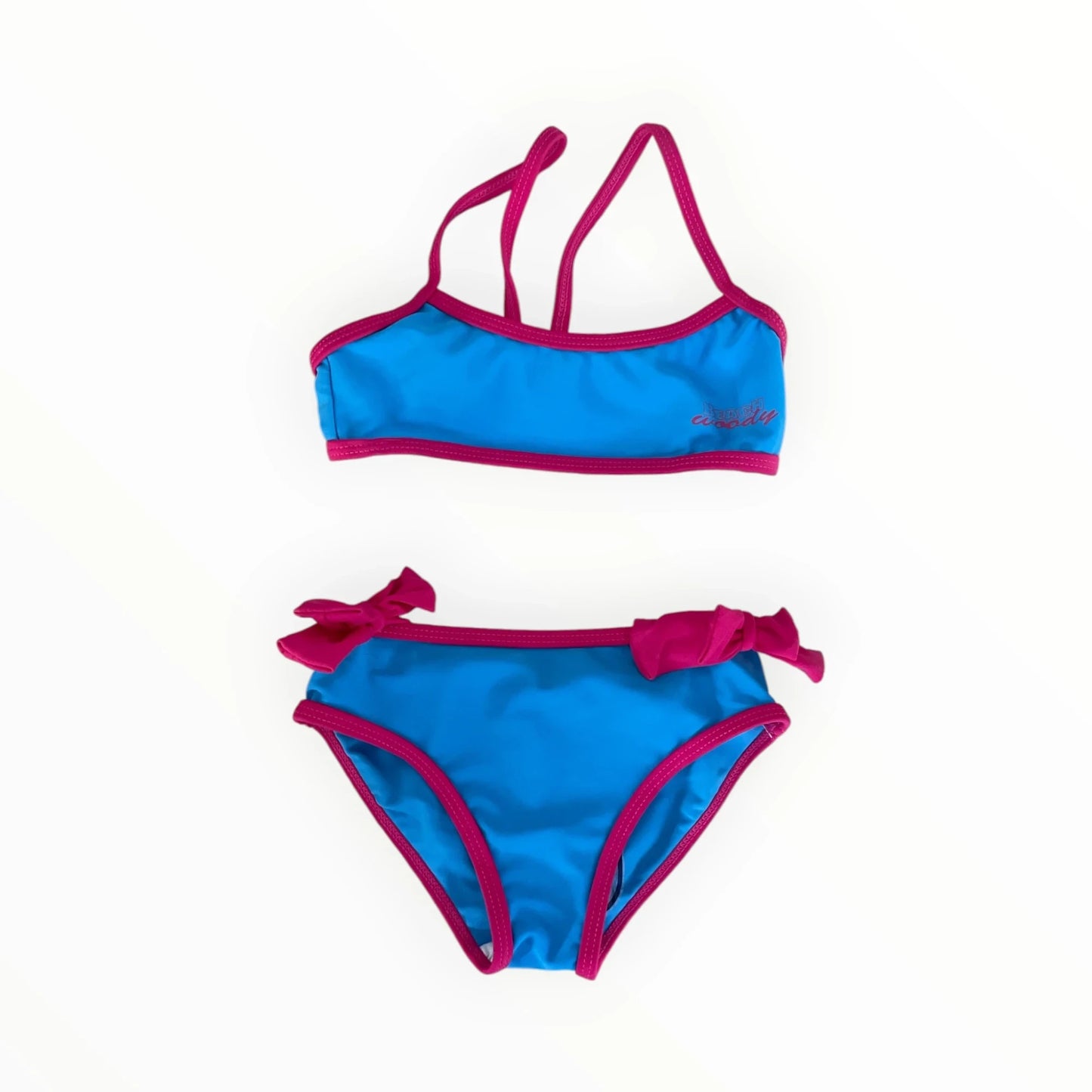 Pierrot Outlet blauwe bikini voor kinderen met roze accenten, strikjes aan het broekje en comfortabele pasvorm.