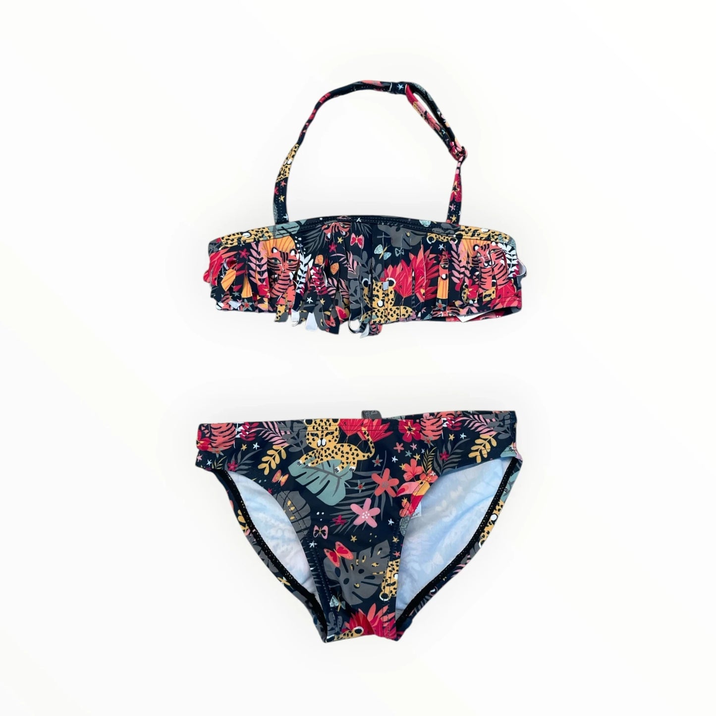 Pierrot Outlet bikini voor kinderen met jungle-print, ruches en verstelbare bandjes in kleurrijke tropische stijl.