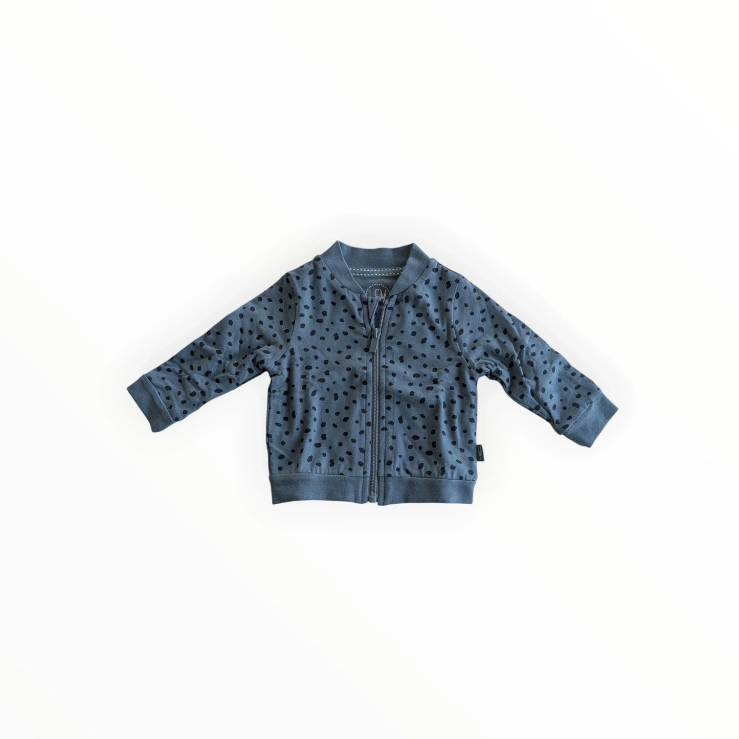 Pierrot Outlet kinder bomberjack met stippen, blauw katoen, ritssluiting, opstaande kraag en elastische boorden.